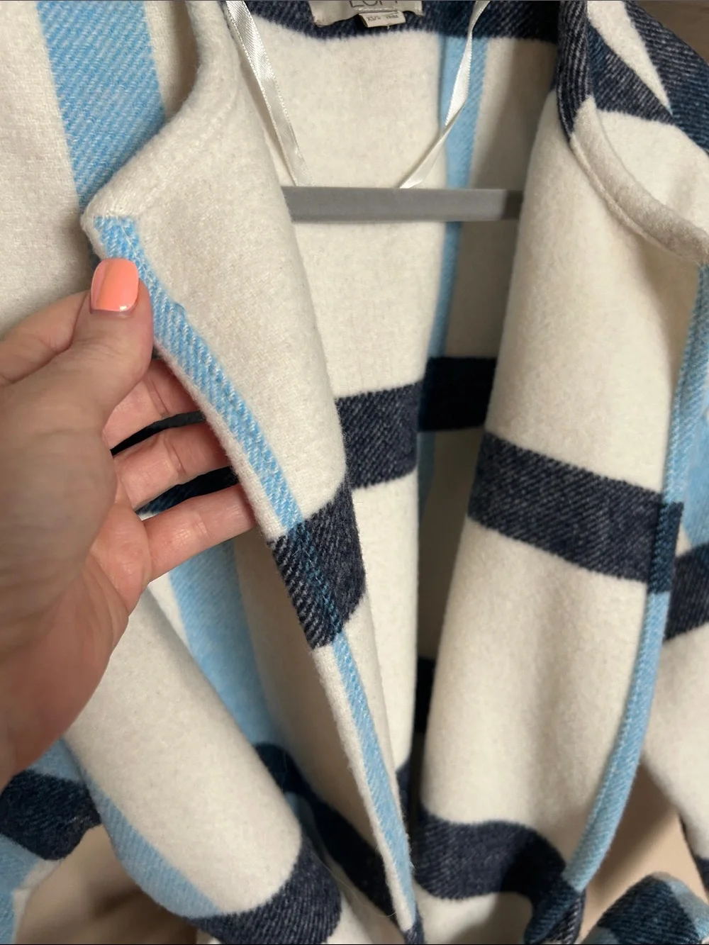 Striped Belted Fringe Multi coat in White, Light Blue & Navy (worn 2x)